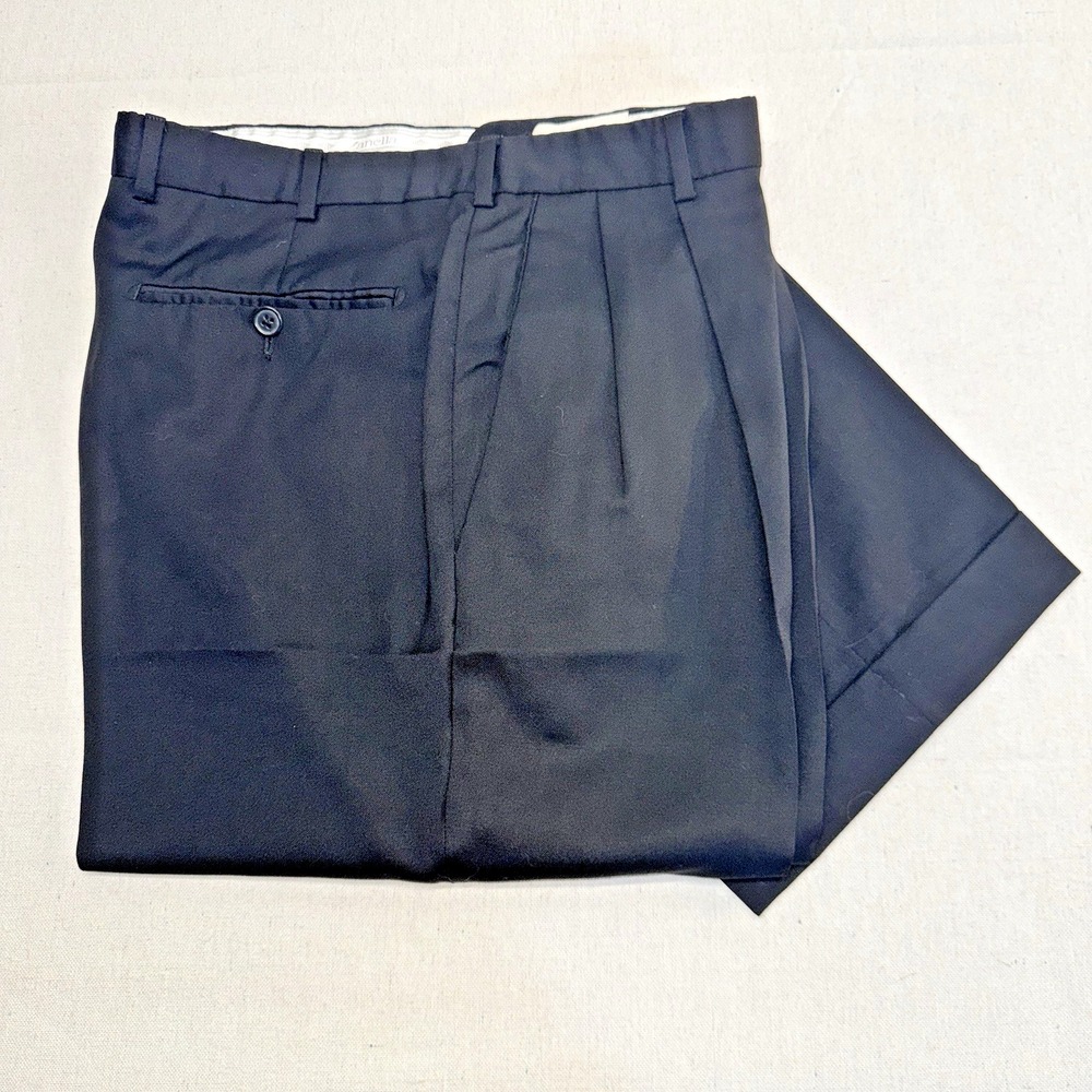 Zanella Bennett Trousers Men 35 Navy Blue Pleated Wool Dress Pants Made in Italy
